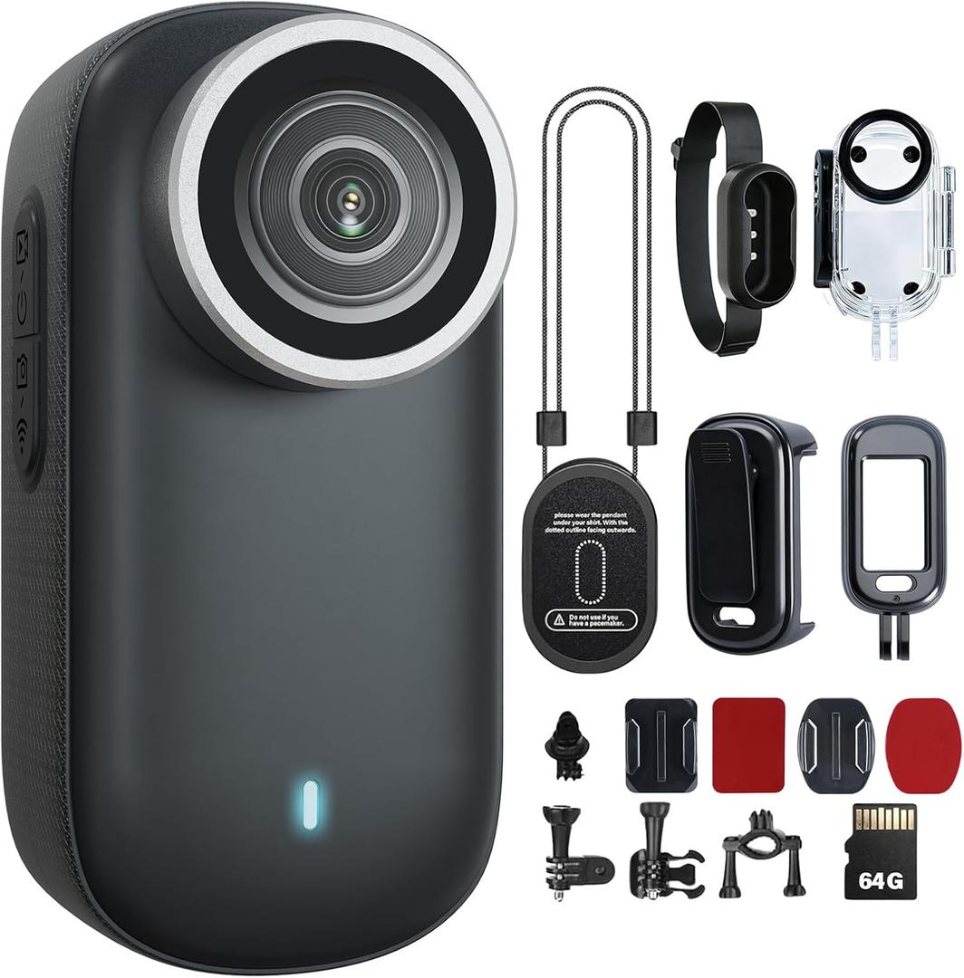 4K Mini Action Camera 64GB Thumb POV Portable Body Cam Wearable Video Recorder with IPX7 Waterproof, Black