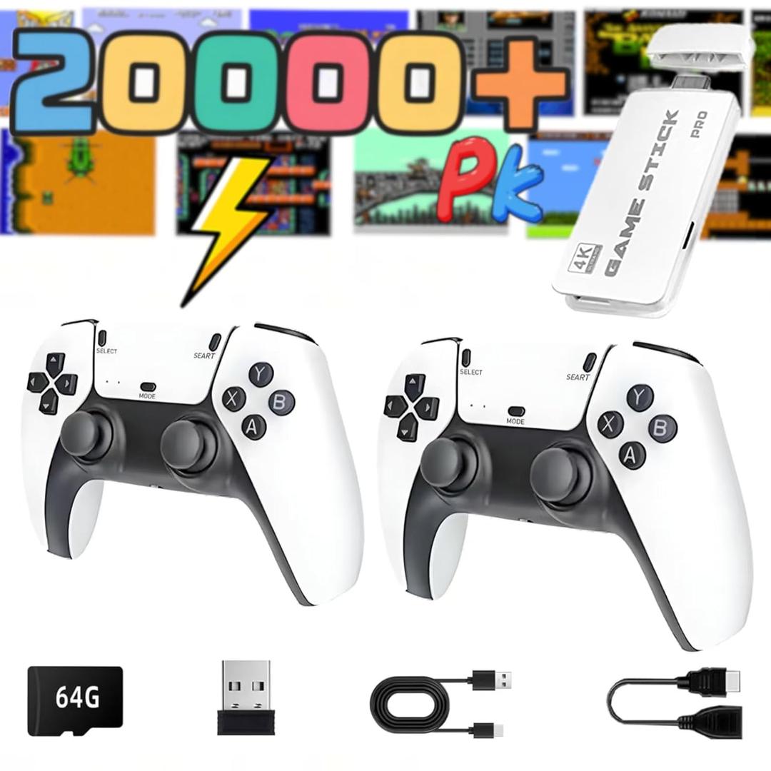 TUHIIJAS 2025 Upgrade Wireless Retro Game Console,Retro Game Stick with 20000+ Games,Video Games With Dual 2.4G Wireless Controllers,Plug and Retro Play Video Games for Tv,Retro Game Stick.64GB