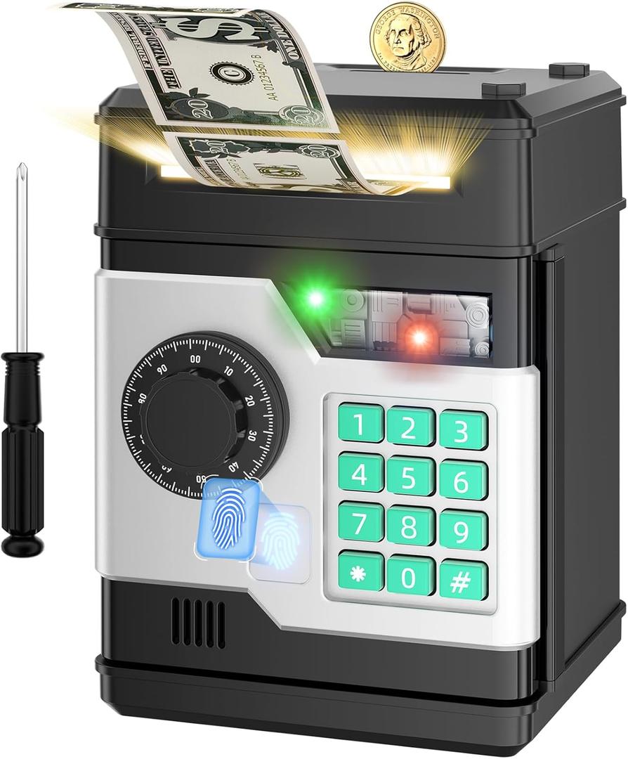 NAFEIV Piggy Bank, Automatic Electronic Piggy Bank for Kids Boys Girls with Password and Fingerprint Unlocking Simulation, Money Bank Kids Safe Toys for 3 4 5 6 7 8 9 10 Year Old Boy Girl (Black)