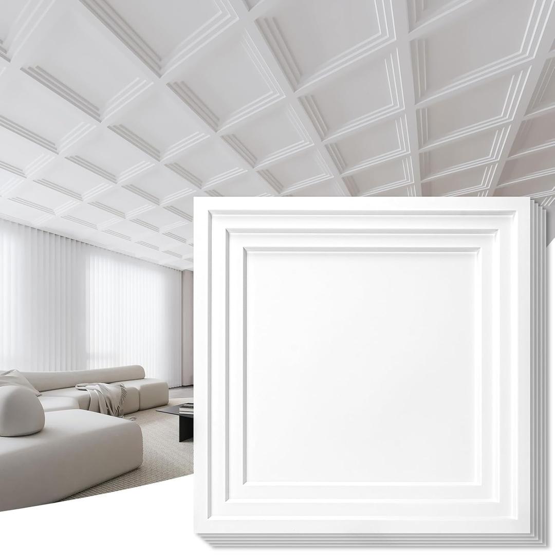 Art3d 12-Pack 2424 Inch PVC Waterproof Drop Ceiling Tiles for Home Dcor - 2x2 ft 3D Modern Ceiling Panel for Suspended Grid, White, 24"x24"