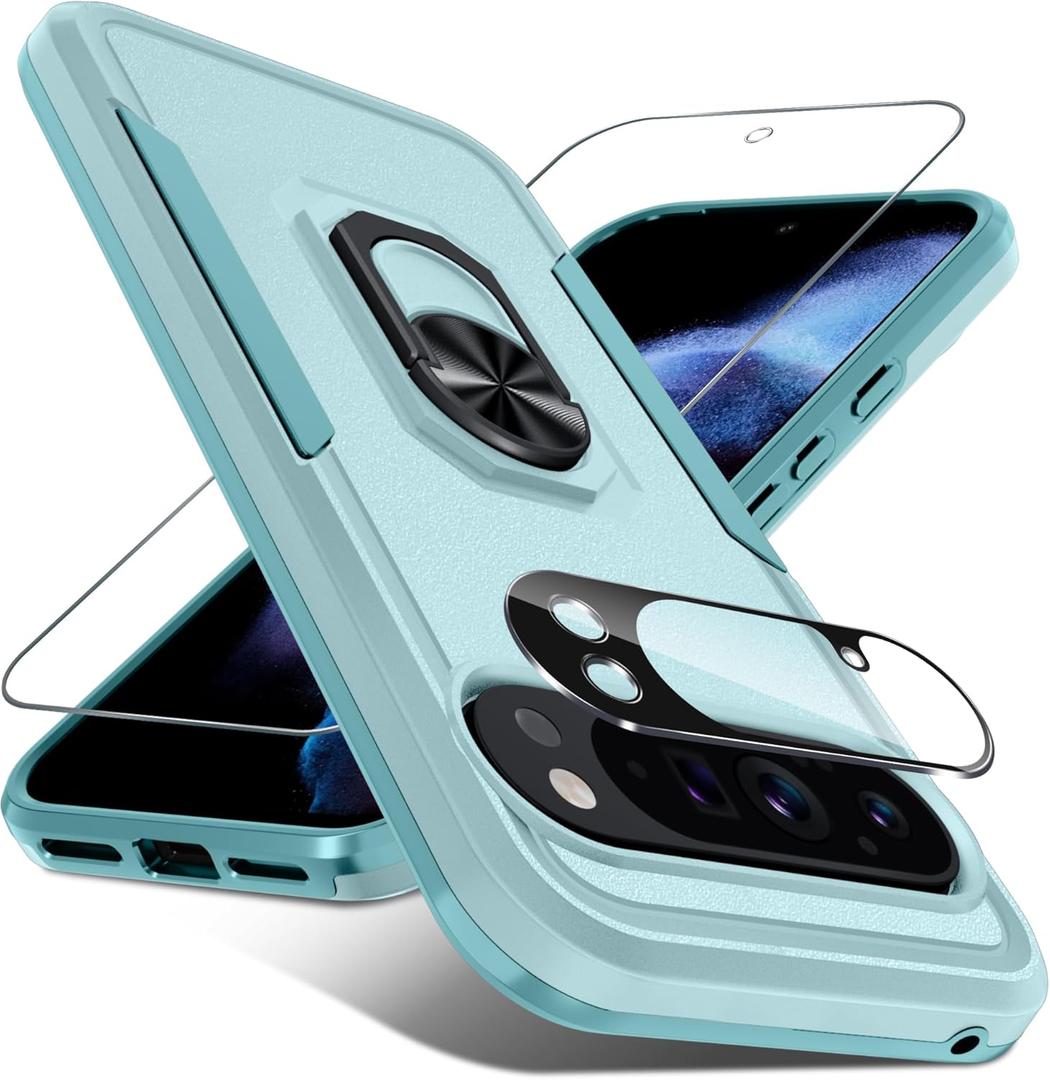 for Google Pixel 10/10 Pro Case with Screen Protector + Camera Lens Protector,Heavy Duty Shockproof Full Body Protective Cover Built in Rotatable Metal Ring Holder Kickstand,2025 Mint Green