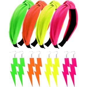 8 Pack 80s 90s Accessories for Women Neon Earrings and Knotted Headbands 80s Party Costume Fashion Outfit for Women
