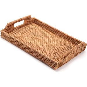 Rattan Serving Tray, Hand Woven Tray with Handles, Rectangular Wicker Basket Tray for Coffee Table Home Decor (14.5 x 10.2 x 1.4 inch)