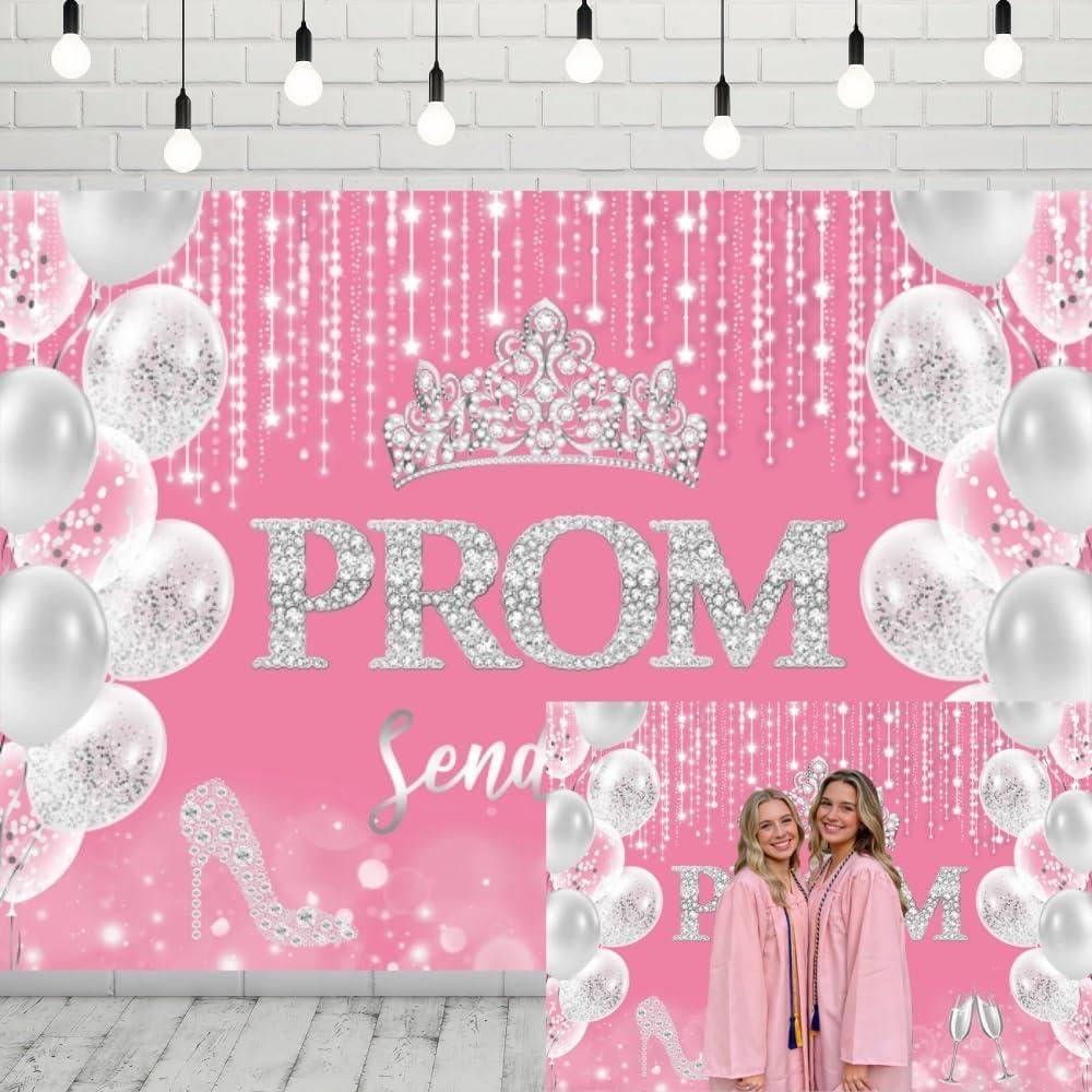 INRUI Prom Send Off 2026 Photography Backdrop Glitter Crown Congrats Graduation Prom Party Decorations Banner (Pink and Silver, 8x6FT)