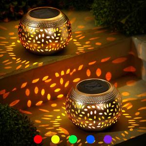 Reginary 2 Pcs Solar Lanterns Waterproof Outdoor Decor, Hollow Out Retro Metal Solar Lights 7 Color 2 Modes Decorative Atmosphere Table Lantern for Women Mom Gifts Patio Garden Pathway Yard (Bronze)