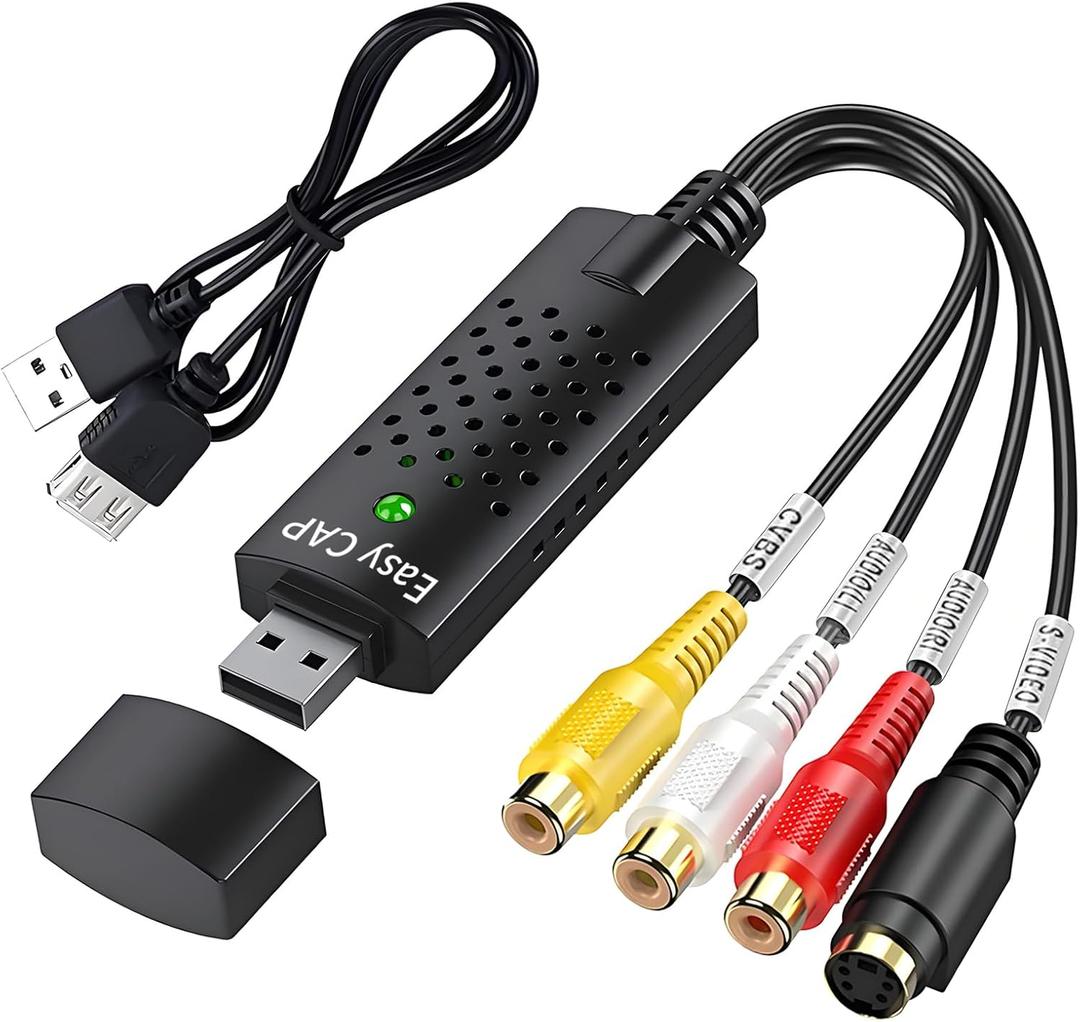 RCA to USB Video Capture Card VHS to Digital Converter | Convert VHS, Hi8,VCR to MP4/AVI via USB 2.0 | Record & Save to PC | Supports S-Video & RCA Input | NTSC/PAL/SECAM PC & Laptop Compatible