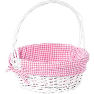 White Round Willow Gift Basket with Pink Gingham Liner & Handle, Mediun Empty Christmas Basket for Gifts, Holiday Wicker Basket, Basket to Fill