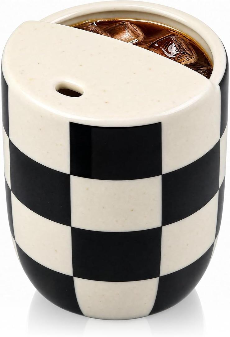Ceramic Mug with Sip Hole 10 oz Novelty Checkered Coffee Mug Hand Painted Ceramic Cup Heat Resistant Non Slip Built in One Lid Handcraft Mugs for Coffee Lovers