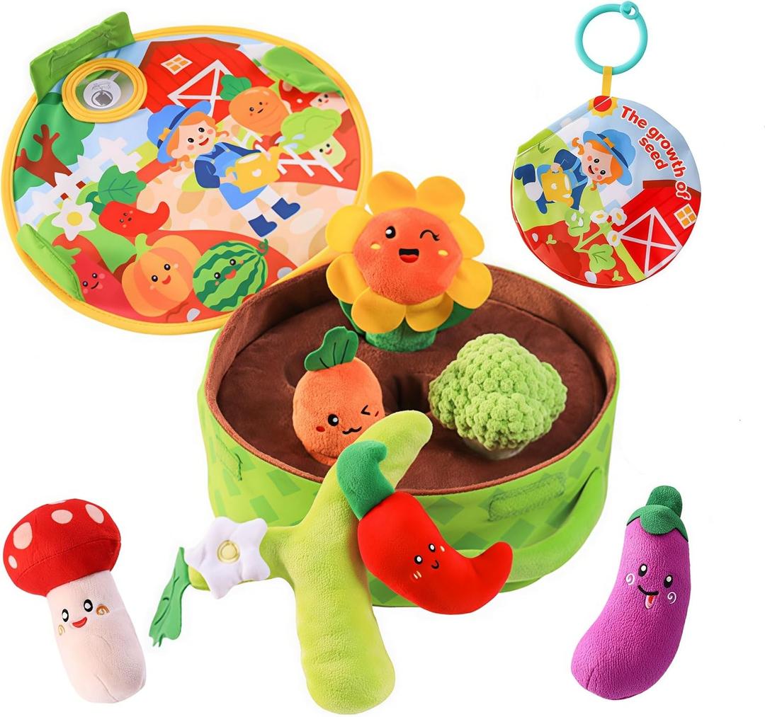 Baby Toys 6-12 Months, My First Vegetable Garden Plush Set Montessori Toys for 6 Month Old with Rattles Mirror Squeaker Crinkle Book, Baby Boy Girl Gifts Christmas Stocking Stuffers