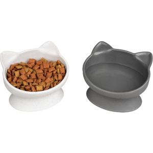 Kitty City Elevated Cat Bowls (Set of 2), Whisker-Friendly Raised Cat Food & Water Dishes, Modern Pedestal Design, Dishwasher Safe, 6.5 oz Each – White & Gray