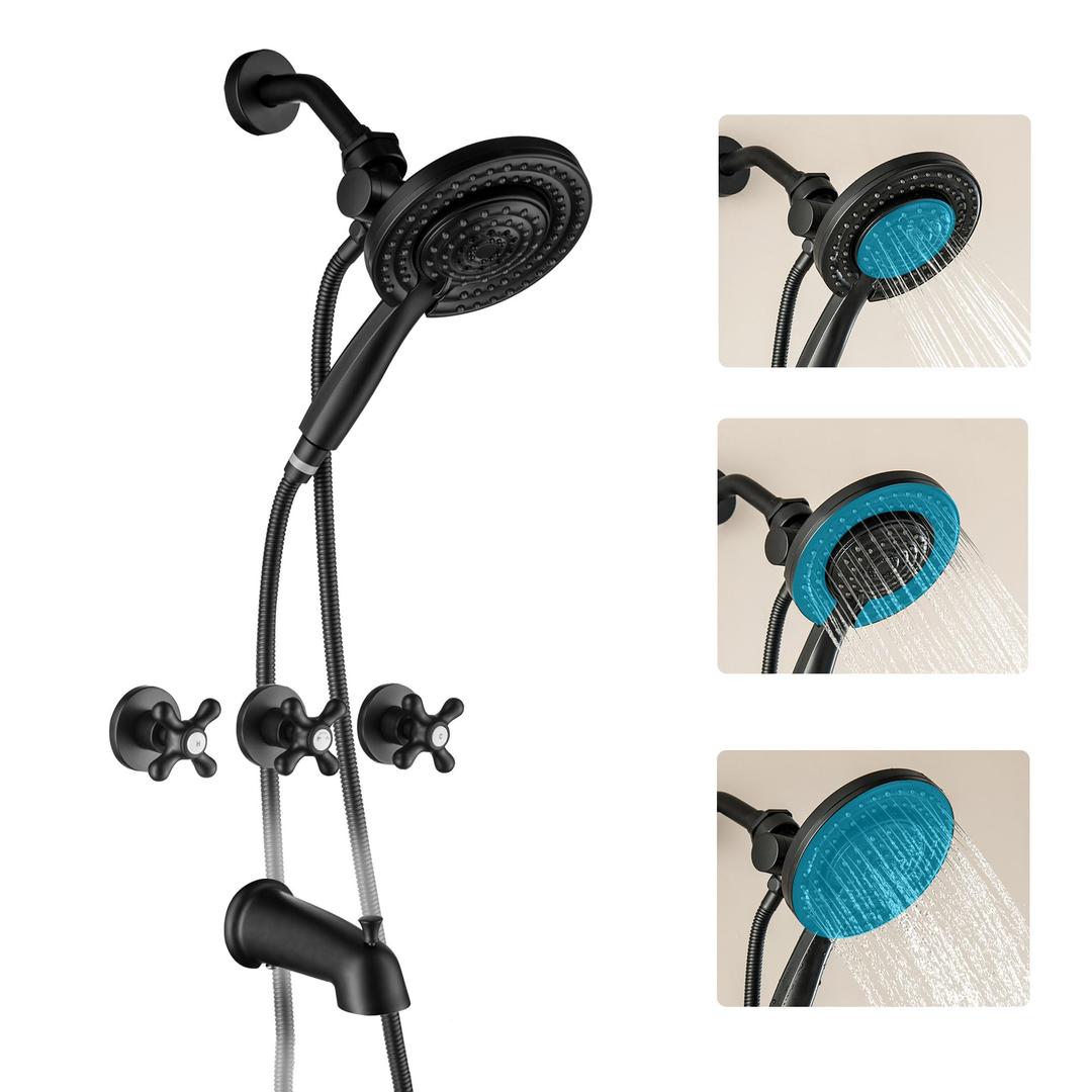 BEIYI 3 Handles Shower Faucet Set with Long Tub Spout Matte Black Three Handle Bathtub Shower Faucets Combo Set Shower Faucets Sets Complete