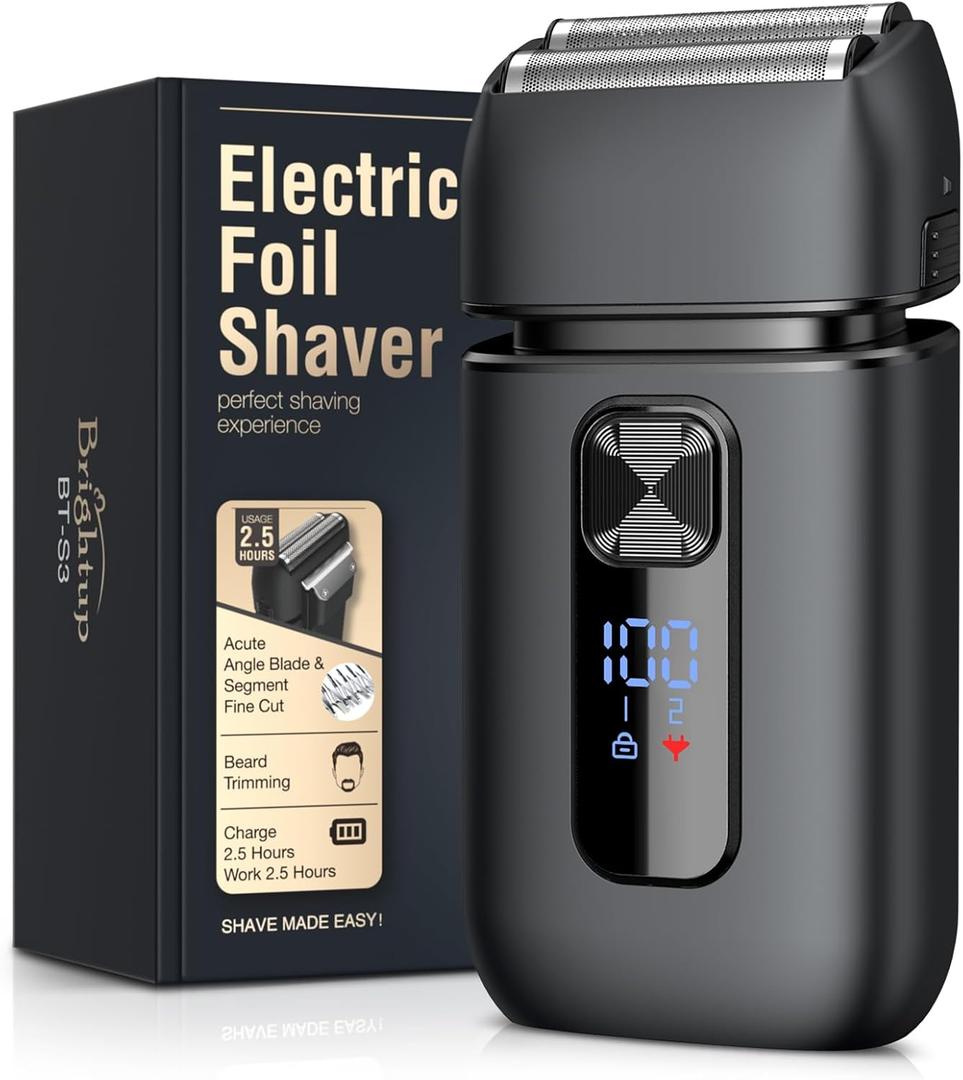 Brightup Foil Shavers for Men - Smooth & Painless Electric Razor for Men with Back Beard Trimmer for Long Thick - Wet Dry Shaving/Travel Lock/LED Display/IPX6 Waterproof (Black)