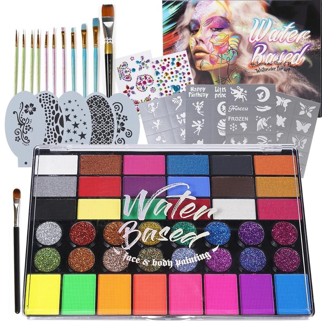 Pintada 42 Color Face Painting Kit for Kids - Non Toxic Water Activated Face Paint Palette With Stencils, Brush, Gems. For Carnival, Halloween, Costume Makeup and Any Creative Activity with Kids