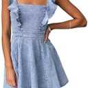 utcoco Denim Dress for Women Ruffle Adjustable Strap Sleeveless Backless Babydoll Mini Jean Dresses S