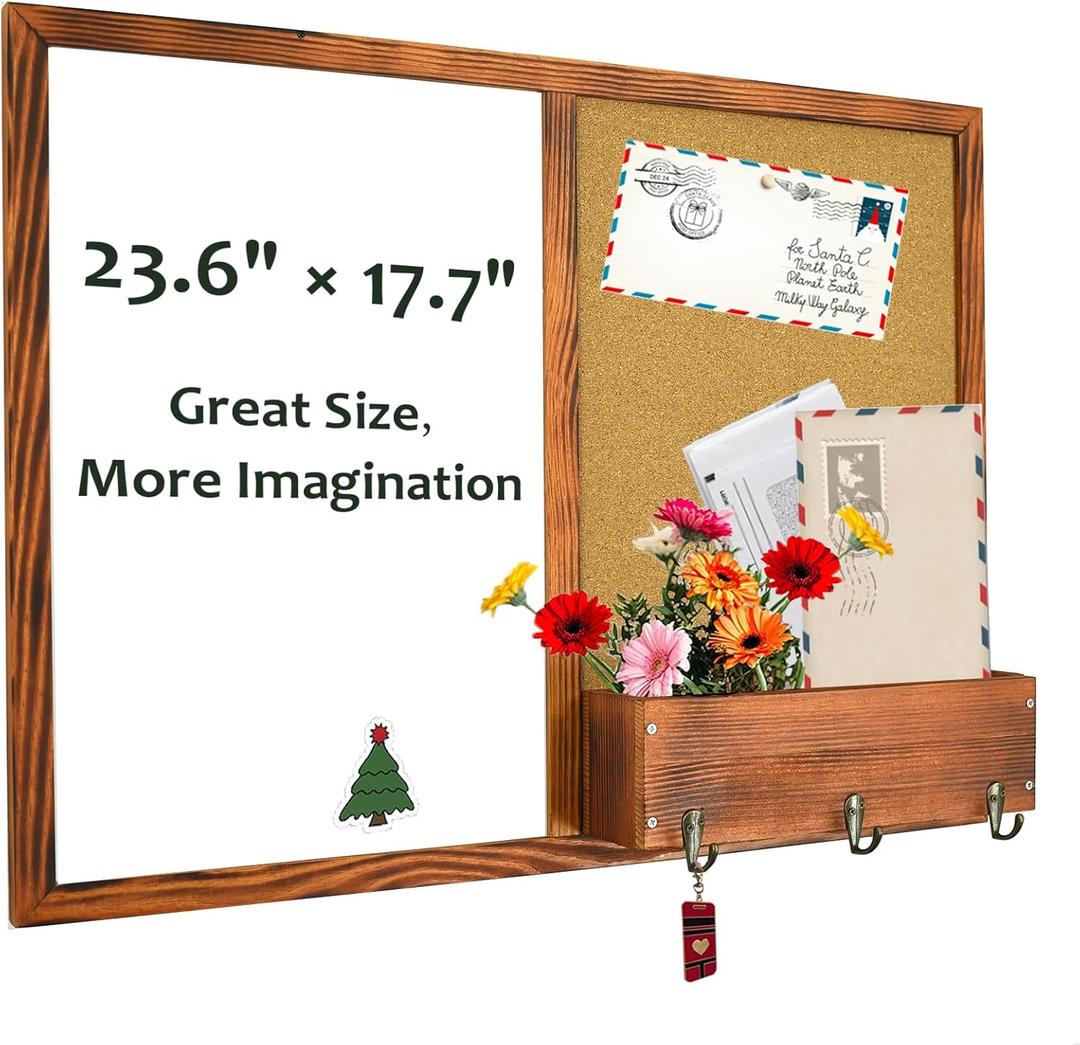 TORASO Dry Erase Board & Cork Board, Whiteboard & Bulletin Board Combo, 17.7"23.6"Wall-Mounted Mail Sorter, & Key Hooks, Solid Pine Wood Walnut Brown Frame(Mail BB-BN-4560)