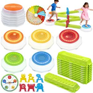 Light Up Stepping Stones for Kids, 15 piece Balance Beams Toddler Stepping Stones Obstacle Course Sensory Toys with Game Spinner and Card for Indoor Outdoor Toys Gifts for 3 4 5 6 7 8 9 Years Old Kids
