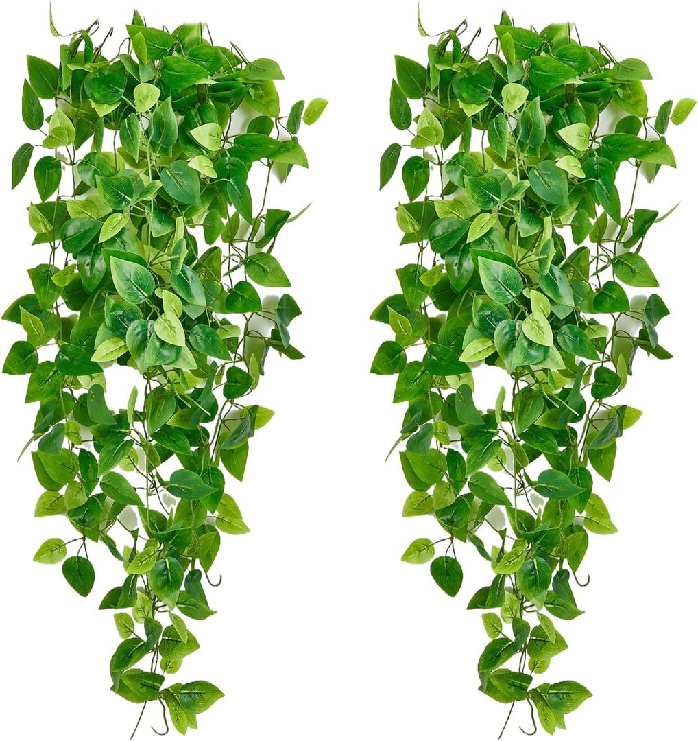 Fake Hanging Plants Vines(2pcs) for Room Decor, Artificial Ivy Greenery Garlands for Home Bedroom Living Aesthetic Kitchen Office Wall Patio Bookshelf,Indoor,Outdoor Farmhouse Decorations(No Basket)