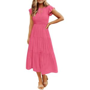 ZESICA Women's 2026 Summer Casual Flutter Short Sleeve Crew Neck Smocked Elastic Waist Tiered Midi Dress (XX-Large, Hot Pink)