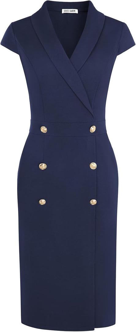 GRACE KARIN Women Work Bodycon Dresses 2026,Business Office Midi Cap Sleeve Button Pencil Formal Outfits with Pockets (8, Navy Blue)