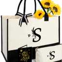 Personalized Gifts for Women - Initial Canvas Tote Bag & Makeup Bag, Custom Bags for Beach, Christmas, Wedding, Birthday, Holiday, Monogram Birthday Gifts for Women, Mom, Wife, Teacher, Friend - S