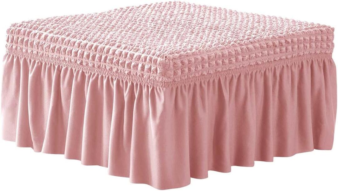 3D Bubble Lattice Rectangle Ottoman Slipcover Polyester Footstool Protector Covers with Skirt Stretch Stool Covers for Living Room and Bedroom (Pink)