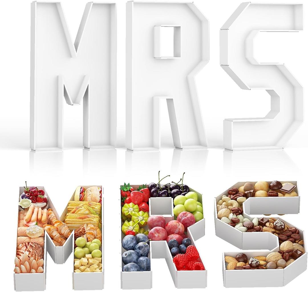 HILAVO Charcuterie Letters MRS, 3 PCS 13.7" Fillable MRS Shaped Charcuterie Board Letters, Bridal Shower Food Display, Paper Mache Cardboard Letters Food Trays for Bachelorette Party