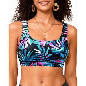 Women Sport Bra Swimsuit Top - Swim Bra Bikini Top Only Scoop Neck Bathing Top 2025 Swimwear (Small, Blue Leaves)