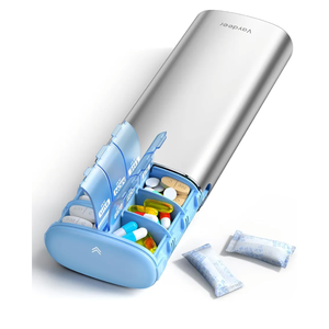 Vaydeer Metal 7 Day Pill Organizer 2 Times a Day – AM PM Weekly Travel Pill Case with Moisture-Proof Desiccant, Airtight Large Capacity Pill Box for Vitamins, Medications & Supplements (Silver)