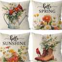 GAGEC Spring Pillow Covers 16x16 Inch Set of 4 Cardinal Floral Throw Pillowcase Hello Sunshine Home Sofa Bedroom Living Room Holiday Cushion Case Farmhouse Decorations