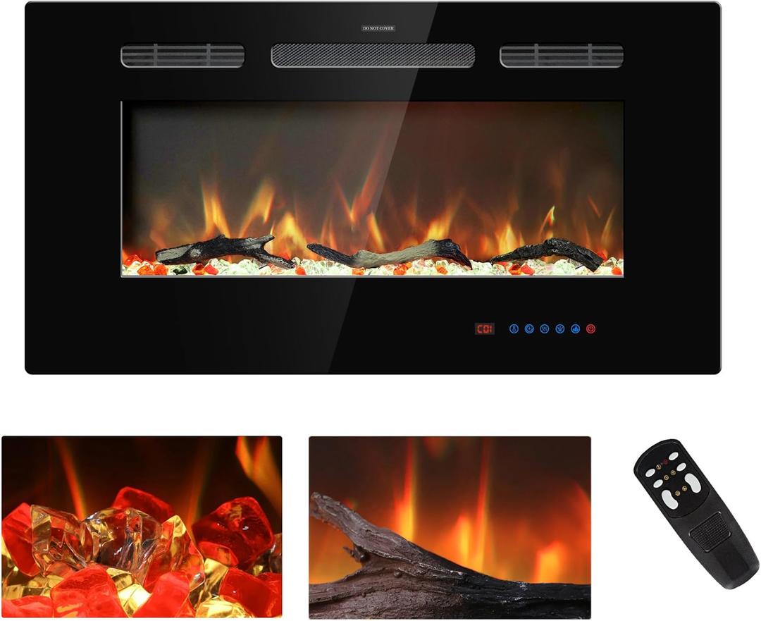 33 inches Electric Fireplace Inserts, Recessed and Wall Mounted Fireplace Heater, Linear Fireplace w/Thermostat, Remote & Touch Screen, Multicolor Flame, Timer, Log & Crystal, 750W/1500W (Black)