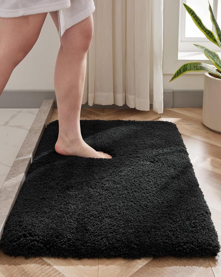 Small Bathroom Rug 17x24 Non Slip Black Fluffy Bath Mat for Bathroom Floor Washable Plush Luxury Bath Rug for Tub Soft Shaggy Shower Mat