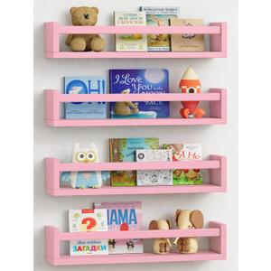 Forbena Pink Nursery Floating Shelves for Wall, Small Kids Wall Bookshelf for Baby Toddler Girls Room, Wood Nursery Hanging Book Shelves for Children's Bedroom Toys Storage Organizer (Set of 4, Pink)