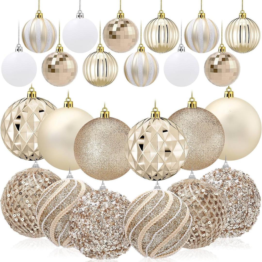 Lyrow 24 Pcs Large Champagne Gold Christmas Ball Ornaments 4inch-2.36inch Shatterproof Foam Christmas Tree Decorations Xmas Hanging Glitter Tree Decorations for Xmas Party Home Decor (Classic)