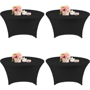 Fivenl 4 Pack 5FT Round Spandex Tablecloth, 60 Inch Black, Stretchable Table Cover, Washable and Wrinkle Resistant, Fitted Round Table for Wedding, Banquet, Birthday, Party, Restaurant