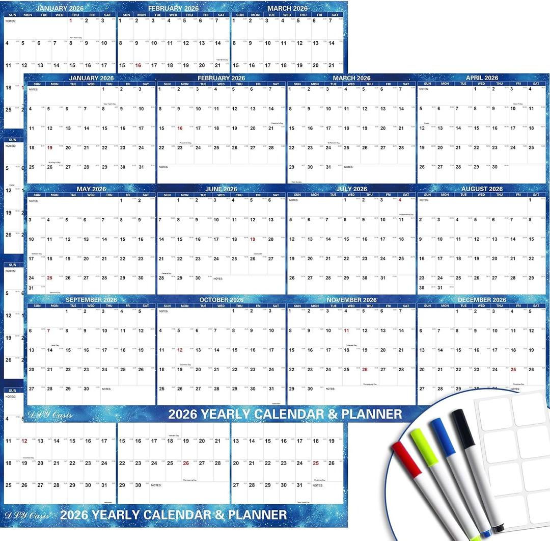 24" x 36" 2026 Wall Calendar Dry Erase - Large Starry Sky Calendar Wet & Dry Erasable Laminated 12 Month Annual Yearly Planner, Reversible, Horizontal/Vertical, with Major Holidays Julian Dates