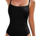 Aleumdr Women's One Piece Swimsuit Ruched Tummy Control Bathing Suit Square Neck Push Up Swimwear (Small, Black)
