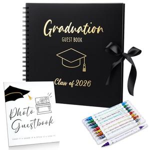 12 Pcs 2026 Graduation Guest Book with Photo Sign Decor 80 Pages Class of 2026 Scrapbook Photo Album with 10 DIY Dual Tip Metallic Markers Pens Gift, Exclude Camere(Graduation Cap,Black,12 Inches)