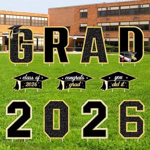 Subacy 11 PCS Class of 2026 Graduation Yard Signs with Stakes, Waterproof Outdoor Congrats Grad Lawn Decorations for High School College Grad Party Supplies(Black&Gold)