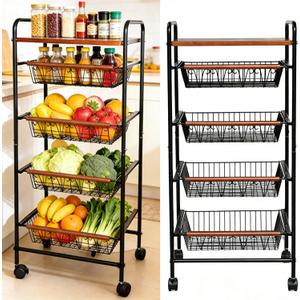 SWEETBLOOM Fruit Vegetable Storage Cart for Kitchen, 5-Tier Vegetable Stand Rack with Pull-Out Fruit Baskets, Rolling Snack Cart with Wood Top for Pantry, Living Room, Bathroom, 18.92 x 9.07 x 12.61 inches