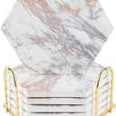 Marble Coasters for Drinks, Absorbent Coasters with Cork Base, 6pcs Drink Coasters for Wooden Table with Holder, Gold Ceramic Coasters Set for Drinks, Glasses, Cups, Bar,offee bar Decor Gold