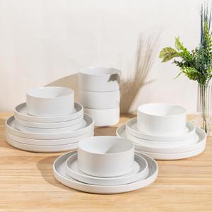 GBhome Ceramic Dinnerware Sets for 6, Matte Stoneware Plates and Bowls Sets,Chip and Scratch Resistant Dishes, Dishwasher & Microwave Safe, Oven safe,Reactive Glaze-White
