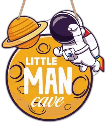 Little Man Cave Sign Space Decor for Boys Room Space Themed Bedroom Decor Space Astronaut Wooden Hanging Door Sign for Nursery Baby Boys Toddler Boys Room Playroom Wall Decor 3 Pack