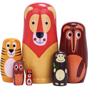 Russian Nesting Dolls, 6 Pcs 6 "Tall Animal Nesting Easter Eggs Toys, Stacking Wooden Handmade Matryoshka Dolls for Kids Toddlers Birthday or Home Decoration Gift (Long Lion)