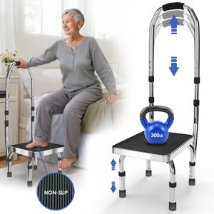 JJ CARE Step Stool with Handle for Elderly (300 lbs. Capacity), Adjustable Step Stools for Adults with Handrail, Non-Slip Heavy Duty Height Adjustable and Steel Frame Platform for high beds