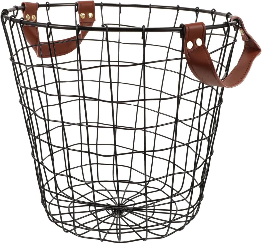 PRETYZOOM Wrought Iron Firewood Basket with Leather Handle 11.8 Inch Round Metal Log Holder for Indoor and Outdoor Wood Storage