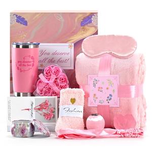Gifts For Women,Birthday Presents,Birthday Gift Sets,Get Well Gift Baskets,Self-Care Gift Sets Featuring Blankets,Mug, Scented Candle,Soothing Spa Care SetsHeartwarming Gift Exclusively For Women (Pink)