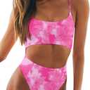 Meyeeka Womens Scoop Neck Cut Out Front Lace Up Back High Cut Monokini One Piece Swimsuit (Large, Tie Dye - Rosy)