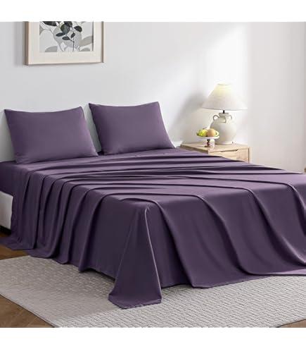 JELLYMONI Sheet Set Queen Size 4pcs Cotton Caramel Easy-Fit 16 Inch Deep Pocket 100% Washed Cotton Soft Breathable (1 Fitted Sheet, 1 Flat Sheet, 2 Pillowcases) Color Purple