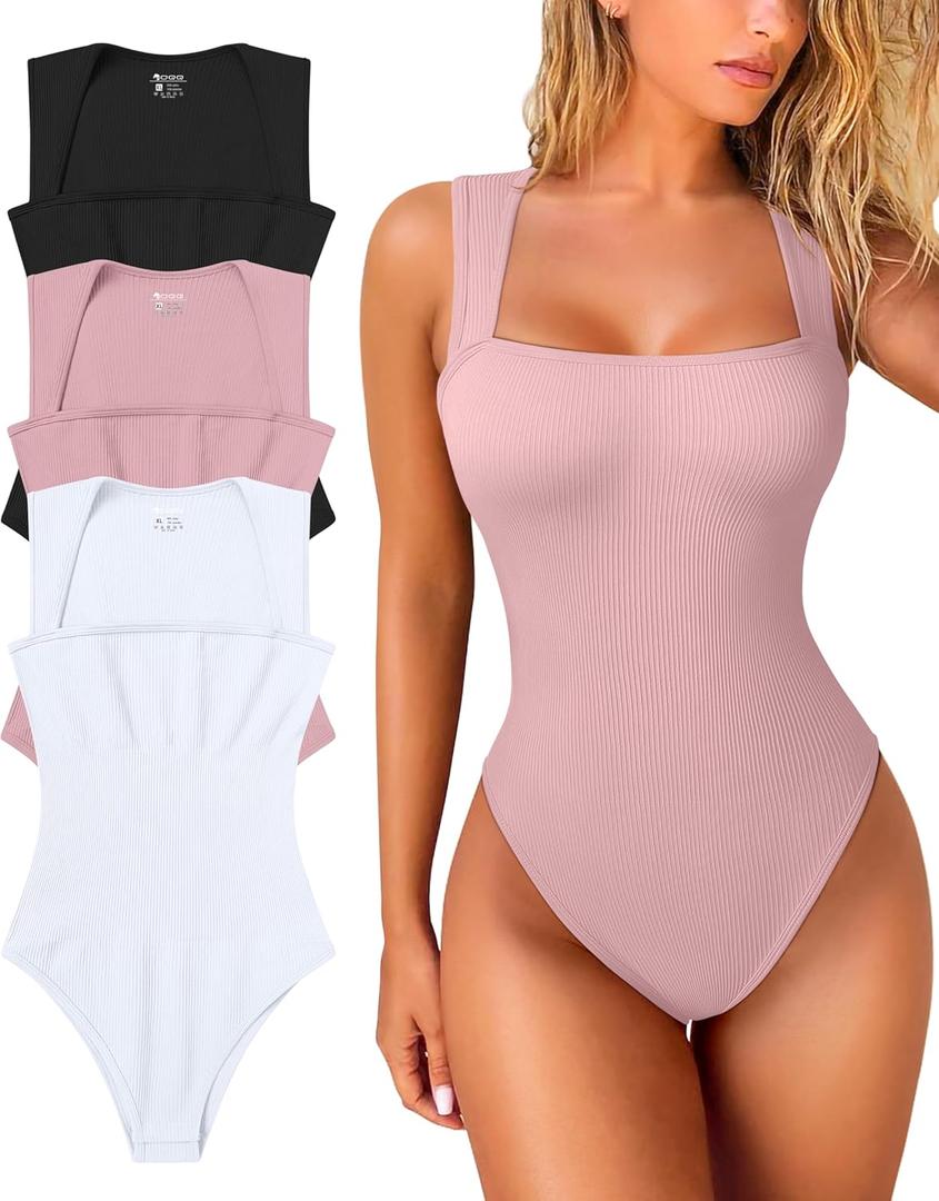 OQQ Women's 3 Piece Bodysuits Sexy Ribbed Strappy Square Neck Sleeveless Tummy Control Tank Tops Bodysuits (Large, Black, Hide Pink, White)