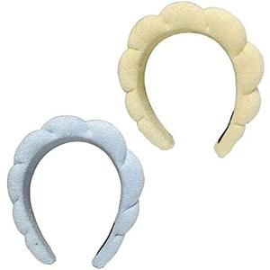 2PCS Skincare Headbands, Sponge Terry Cloth Makeup Headband Wide Headbands For Face Washing Makeup Removal Skincare (White+Yellow)